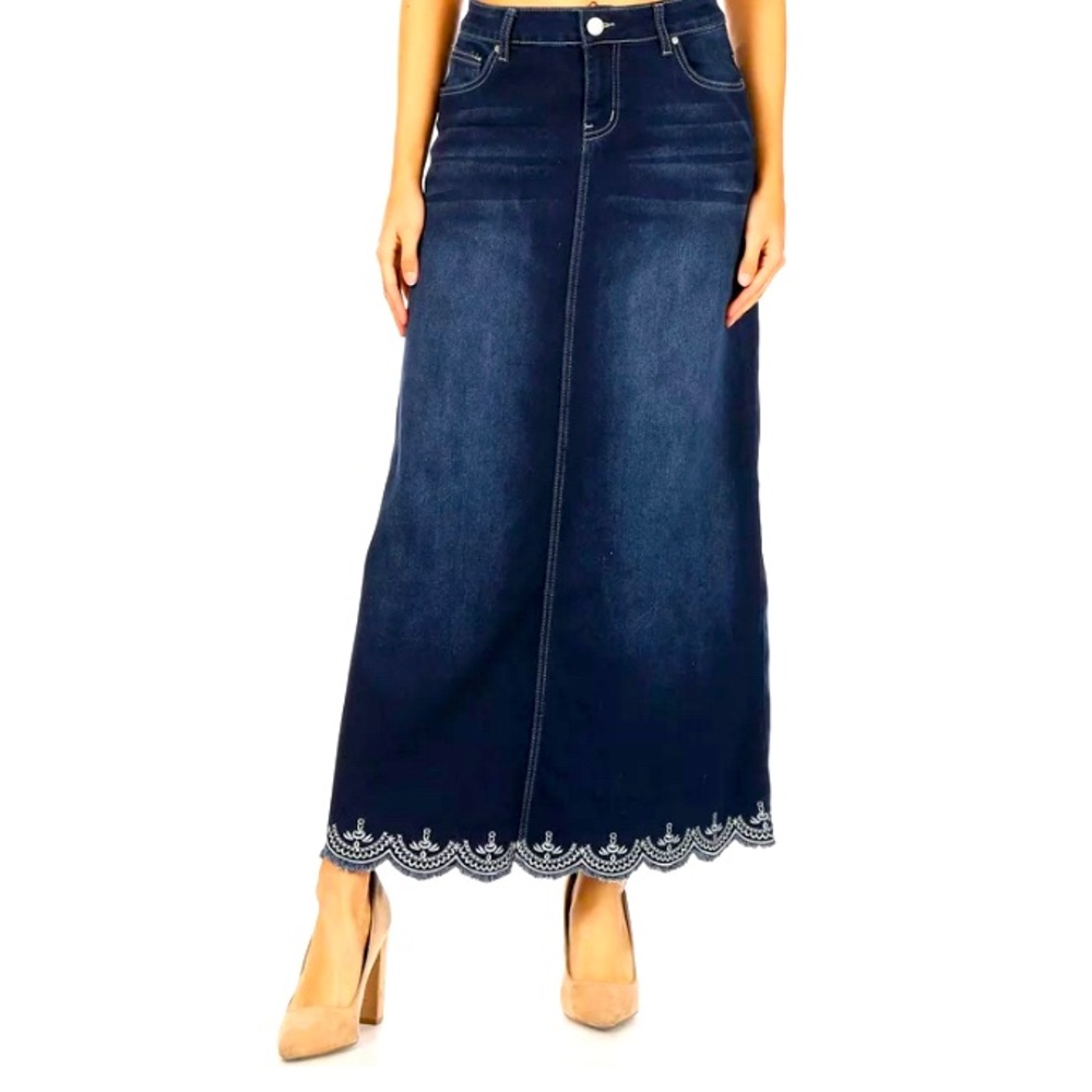Fashion2Love Women’s Long A-Line Stretch Denim Maxi Skirt With Scalloped Hem